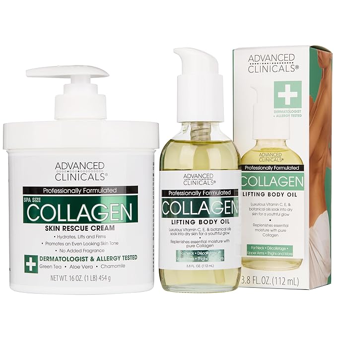 Advanced Clinicals Collagen Body Oil + Collagen Cream Body Lotion & Face Cream Beauty Skin Care 2PC Bundle – Tighten, Firm, & Hydrate Moisturizer Set For Scars, Wrinkles, Crepey Skin, & Stretch Marks
