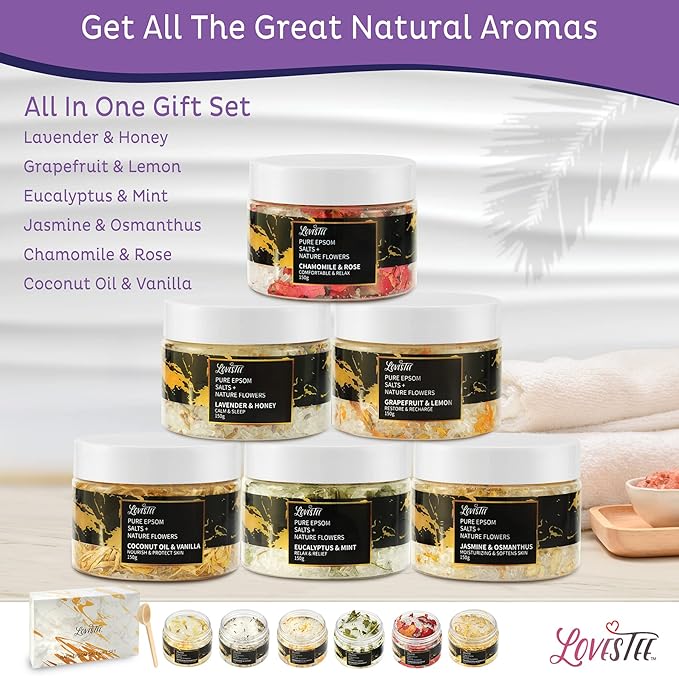 Mother's Day Epsom Salt Spa Gift Set of 6 Bath Salts - Coconut Vanilla, Jasmine Osmanthus, Eucalyptus Mint, Lavender Honey, Chamomile Rose, Grapefruit Lemon for Bath Gift Set for Women Baskets