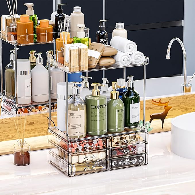 2 Pack Bathroom Organizers and Storage Countertop With 6 Drawers,Stackable Vanity Top Organizer,14.4" Tall Large Capacity Skin Care Organizer and Exquisite Cosmetic Storage Organizer,Clear