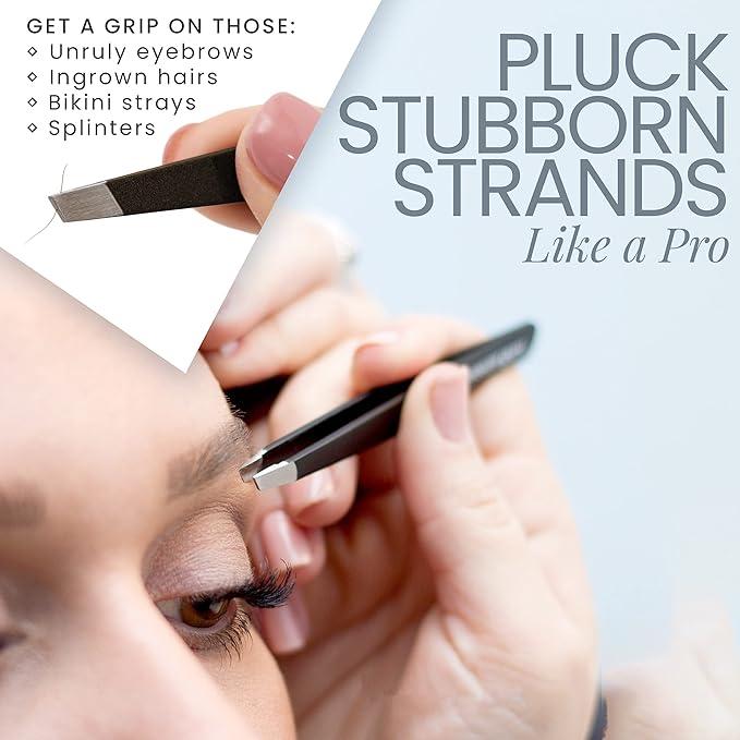 Tweezers Set 5-piece - Tweezer Guru Stainless Steel Slant Tip and Pointed Eyebrow Tweezer Set - Great Precision for Facial Hair, Ingrown Hair, Splinter and Blackhead Remover (Black) (5-Pack)