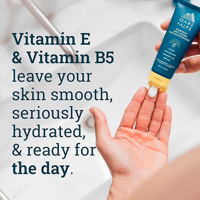 Oars + Alps Travel Sunscreen for Face & Everday Use, SPF 37 Anti Aging Face Sunscreen & Body Lotion, Infused with Hyaluronic Acid, Vitamin E and B5, No White Residue, Water & Sweat Resistant, 2oz