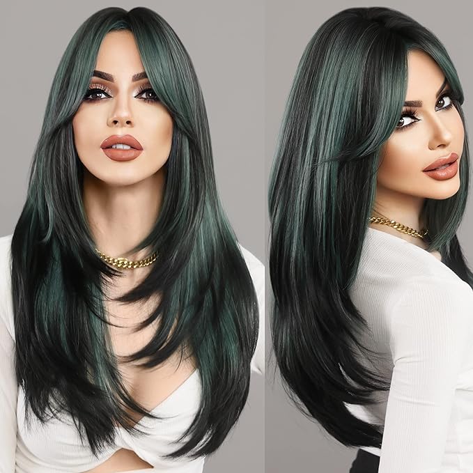 7JHH WIGS Long Straight Wigs with Curtain Bangs,Green Highlight Layered Wig for Women Synthetic High Density Heat Resistant Hair Wig for Daily Party 24 Inches
