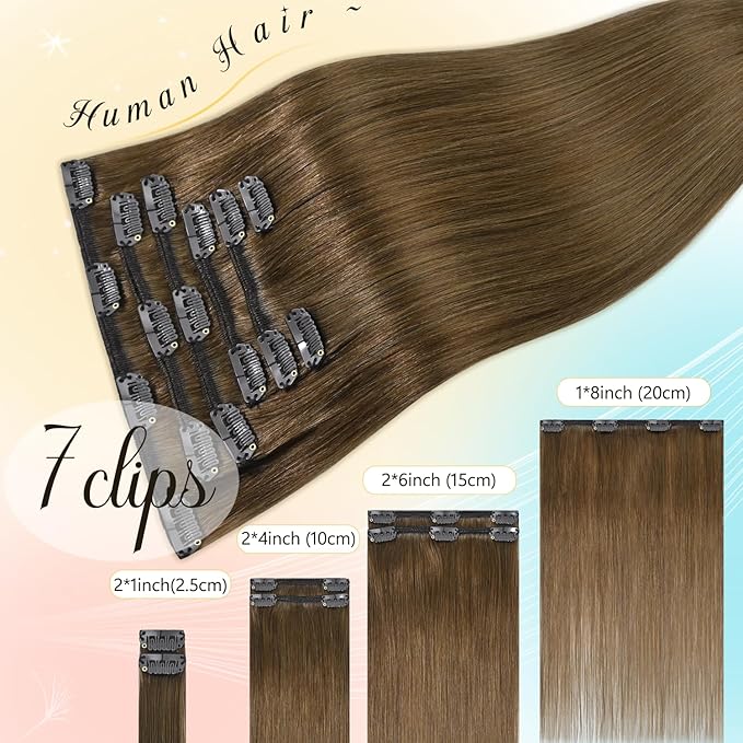 Brown Hair Extensions Clip in 20 Inch 75g Light Brown Remy Human Hair Clip ins for Women #6 Chestnut Brown Hair Extension