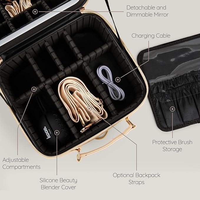 Makeup Bag with LED Mirror - Portable Makeup Case with Lighted Mirror & Adjustable Dividers, Makeup Bag with Light Up Mirror, 3 Color Setting Train Case Cosmetic Bag Organizer