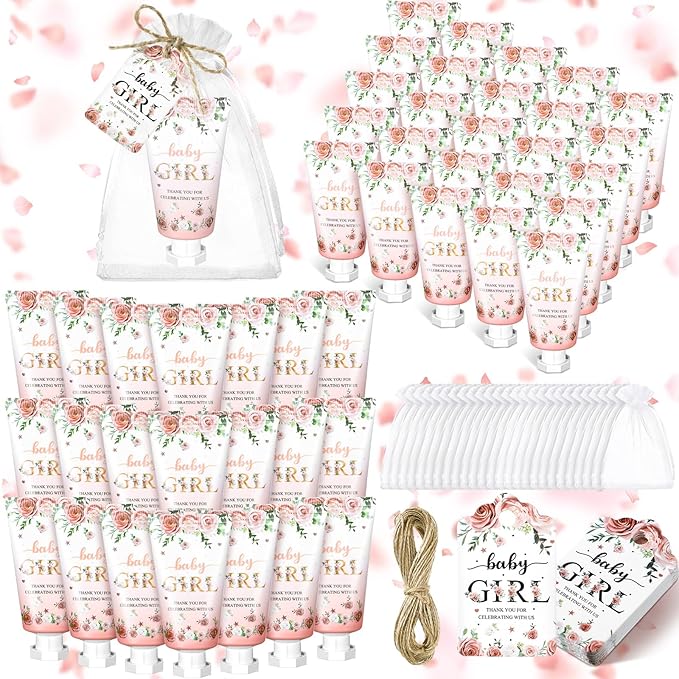 48 Sets Baby Shower Hand Cream Party Favors for Guests Gift Bulk Travel Size Hand Lotion Set for Baby Shower Wedding Christmas(Baby Girl)