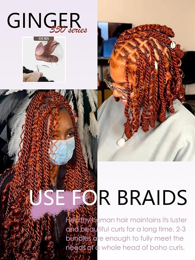 Deep Wave Bundles 24 Inch Ginger Orange Hair Extensions 100% Brazilian Virgin Human Hair 95g Curly Braiding Hair #350 Orange Boho Braids Human Hair Bundles Double Weft