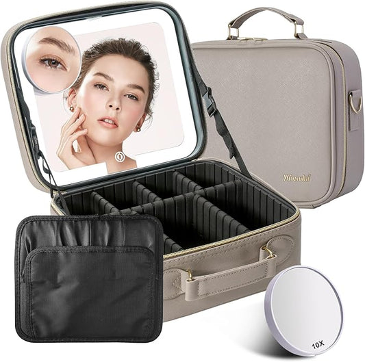 Mocado Travel Makeup Bag with LED Lighted Mirror,Travel Makeup Organizer,Makeup Case with 3 Color Lighted Setting and 10x Magnifying Mirror,Portable Storage and Adjustable Dividers Makeup Box(Grey)