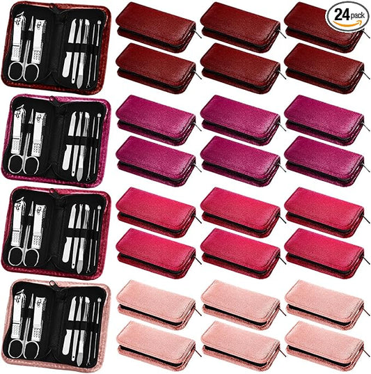Coume 24 Sets Nail Kit Manicure Set Bulk with Zipper Professional Nail Clippers 8 in 1 Stainless Steel Nail Care Tools with Luxurious Travel Case Gifts for Men Women Friends Colleagues(Red Series)