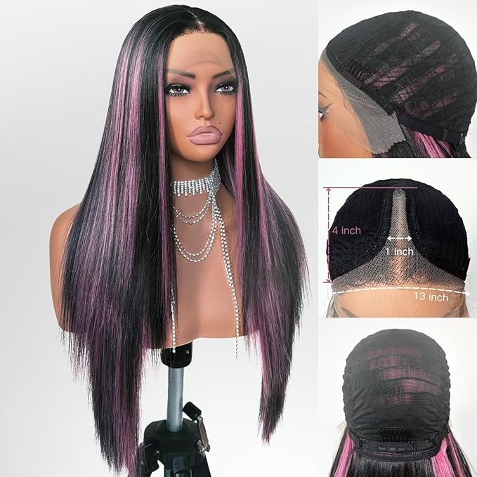 Black and Pink Highlight Wig Lace Front Wigs Pre Plucked with Baby Hair Glueless Wig 26 Inch Long Straight Wigs for Women Pink Color Forehead Synthetic 13×4×1 Lace Front Wig