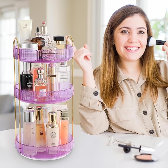 Aveniee Rotating Makeup Organizer for Vanity, Perfume Skincare Organizerss Large, Spinning Bathroom Counter Shelf Holder for Cosmetics, Skin Care, Lipsticks(3 Tiers, Purple)