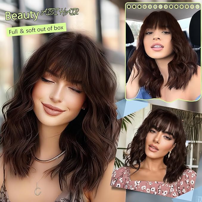AISI HAIR Chocolate Brown Synthetic Wavy Curly Bob Wig with Bangs Short Wavy Hair for Women Synthetic Heat Resistant Bob Wigs