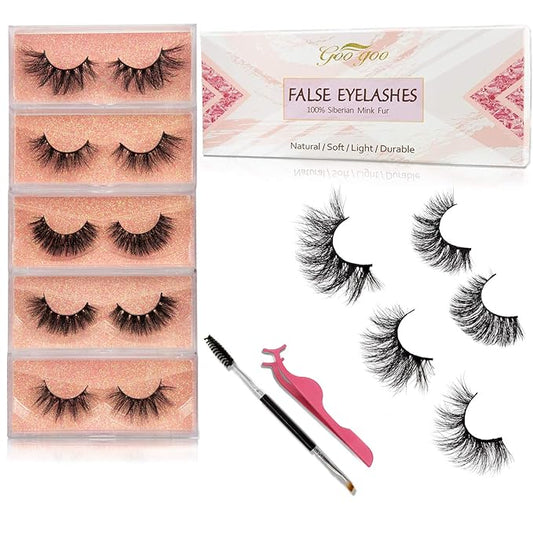 GOO GOO Mink Eyelashes, Natural Daily Type 3D Mink Lashes 16mm-20mm 5 Styles Multipack Perfect Layered Effect Hand Made Strips Siberian Fake Eyelashes Fluffy Full False Eyelashes