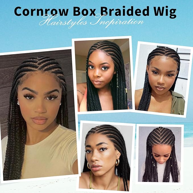 13x8 HD Lace Front Braided Wigs Cornrow Braided Wigs for Women Box Braid Wig with Baby Hair Middle Parted Human Hair Blended Braided Lace Front Wigs Black 36 Inch