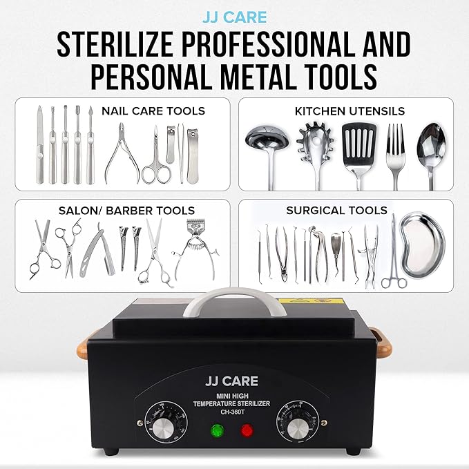 JJ CARE Dry Heat Sterilizer for Metal Tools, 1.8L High Temp Sterilizer for Nail Tools with Timer, Stainless Steel Nail Tool Sterilizer, Auto-Shut Off Sterilization Machine, Nail Sterilizer Machine