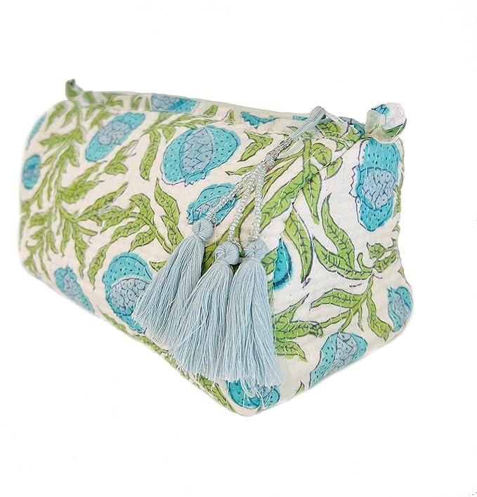 Block Print Toiletry Case & Makeup Bag - Blue & Green Pomegranate