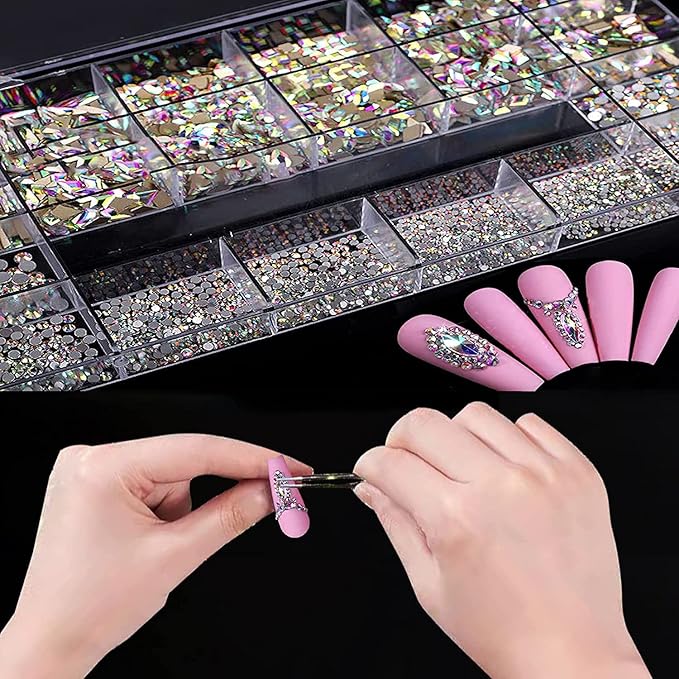 3100Pcs AB Crystal Nail Rhinestones, HOINCO Mix 20 Styles Flatback Rhinestone, 12 Types of 600 Diamonds + 2500 Round Beads, Crystals 3D Flat Back Gemstones for Nail DIY Crafts with Tweezers Pen
