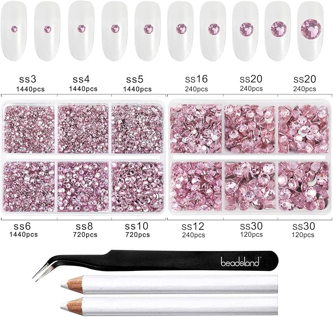 Beadsland 8300PCS Flatback Rhinestones, Pink Rhinestone Round Crystal Rhinestones for Crafts, Mixed 10 Sizes with Wax Pencil and Tweezer Kit, SS3-SS30, Light Rose/Light Pink