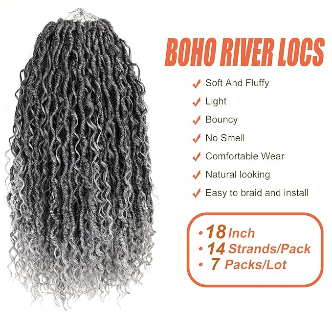 Aipin Goddess Locs Crochet Hair 18 Inch Boho River Locs Hippie Locs Wavy Crochet With Curly Hair In Middle And Ends Braids Hair Extensions (7Packs,18 inch, TGray)