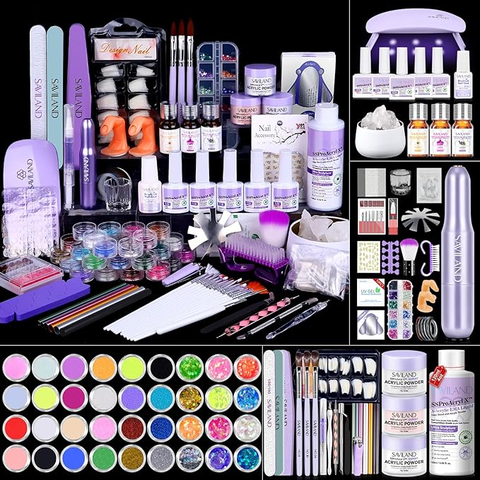 SAVILAND Nails Kit Acrylic Set: Professional Acrylic Nail Kit with Nail Tranning Mat Nail Art Brush Nail Drill Nail Polish with Dryer for Nail Extension Carving