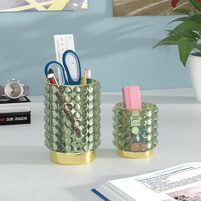 Makeup Brush Holder Organizer, Clear Green Cosmetic Glass Storage Holder, Vintage Crystal Bubble Gold Make Up Brush Cup Pen Pencil Holder