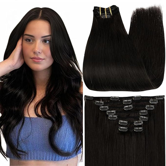 Full Shine 24 Inch Black Human Hair Clip in Extensions Brazilian Human Hair Extensions Clip ins Natural Black Silky Straight Remy Hair Extensions Clip in Human Hair for Long Hair 7 Pcs