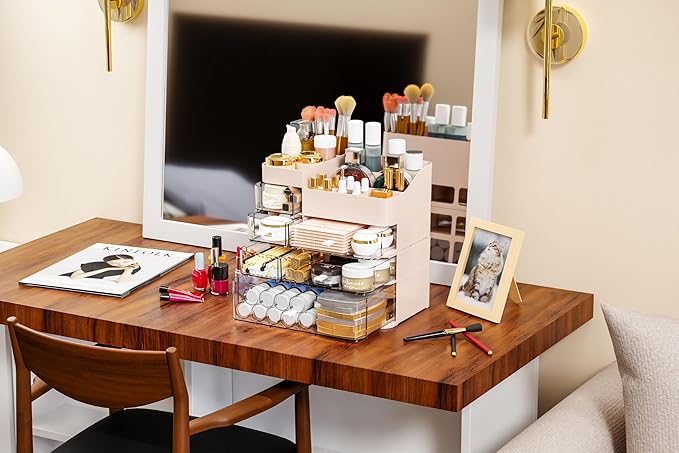 Make up Organizer With 6 Drawers,2 Pack Stackable Plastic Cosmetic Storage Organizer for Dresser and Vanity,Ideal for Beauty,Perfume,Brushes,Skincare Bathroom Organizers and Storage Counter,Pink