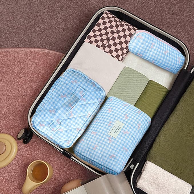 3Pcs Makeup Bag Cotton Quilted Travel Cosmetic Bag Cute Floral Makeup Pouch Large Toiletry Bag for Women Girls (Plaid Bow-Blue)