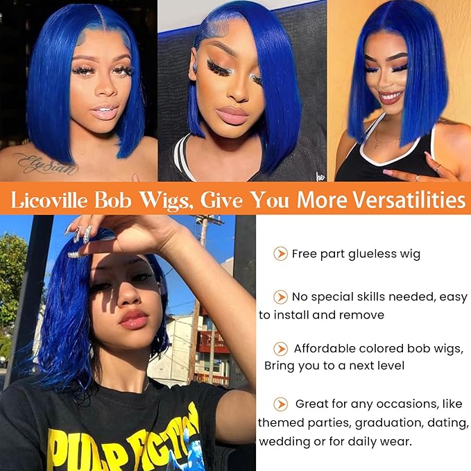 13x4 HD Transparent Blue Bob Wig Human Hair Lace Front Wigs 8 Inch Pre Plucked with Baby Hair 180% Density Blue Human Hair Bob Wig Free Part Colored Bob Frontal Wigs for Women
