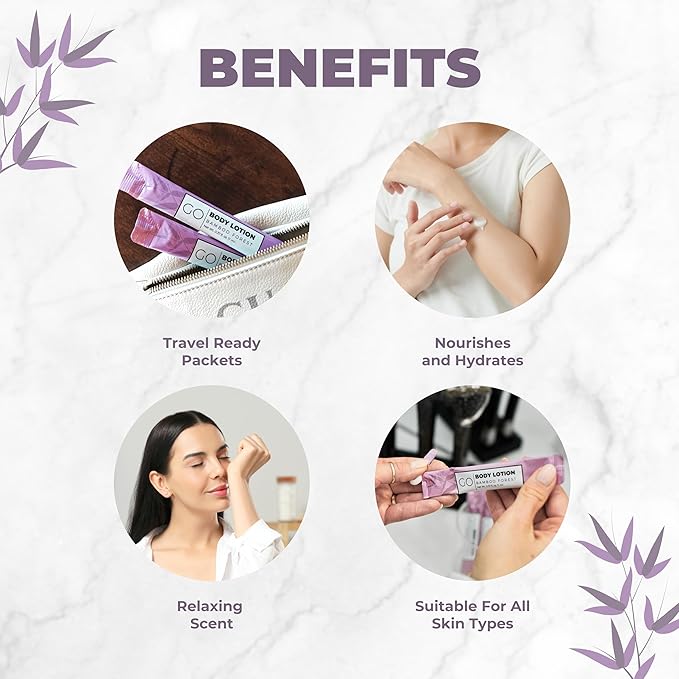GO Essentials Travel Size Lotion Packets – Single Use Body and Hand Lotion for Hydrated Skin and Toiletries. Airline Friendly – Portable Bulk. Womens Gift Set
