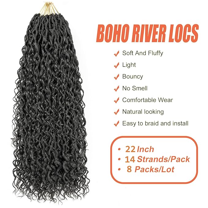 Aipin Long New Goddess Locs Crochet Hair 22 Inch Boho River Locs Hippie Locs Wavy Crochet With Curly Hair In Middle And Ends Braids Hair Extensions (8 Packs,22 inch, 1B)