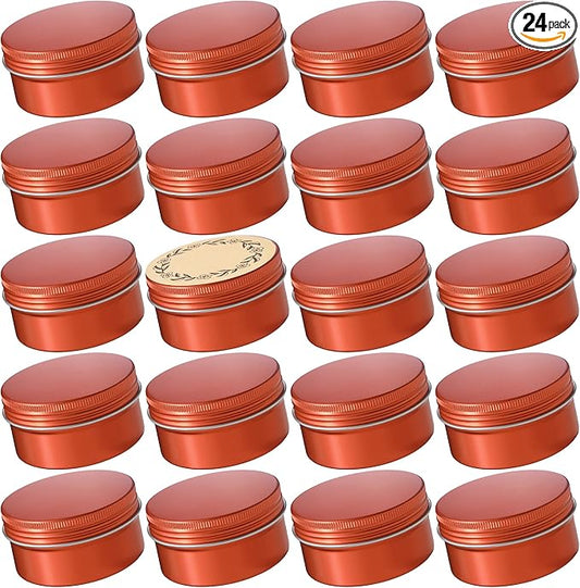 24 Pack 4oz Screw Top Aluminum Tin Jars with Screw Lids and Blank Labels - Refillable 120ml Metal Containers for Lip Balms, Candles, Salves, Spices, Crafts (Orange)