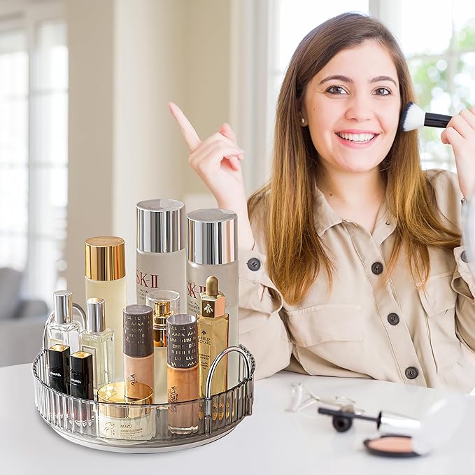 Aveniee Rotating Makeup Organizer for Vanity, Perfume Organizers for Bathroom Countertop, Clear Cosmetic Skincare Storage for Dresser, Lipstick Product Spinning Holder (1 Tier, Grey)