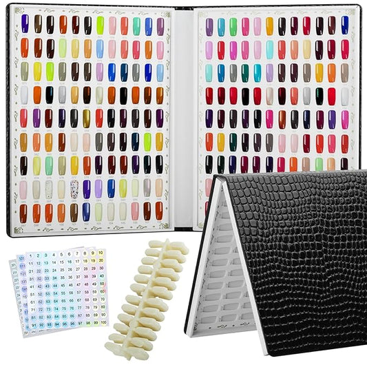 216 Nail Color Chart Display Book with 240PCS False Nail Tips, UV Gel Polish Card Book, Nail Art Salon Nail Design Display Booklet, Nail Color Swatches Nail Practice Card Board