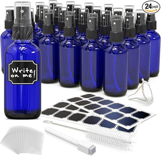 Nevlers Blue Glass Spray Bottles 4 Oz 24 Pack | Small Spray Bottles Mist Sprayer Set w/Shrink Wrap, Funnel, Brush, Marker & Labels | Dark Blue Glass Bottle for Use as Travel Size Perfume Refill Bottle