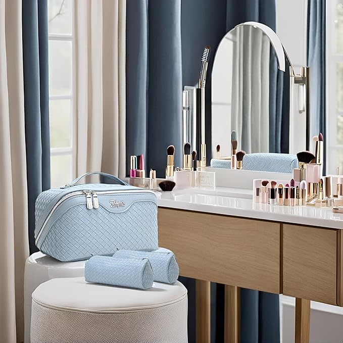 BOYATU Travel Makeup Bags for Women: Large Makeup Organizer - PU Leather Make up Bag Set of 3 - Portable Toiletry Bag with Compartments & Handle & Divider (L02 Light Blue)