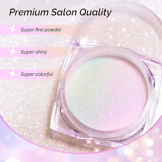 MelodySusie Unicorn Chrome Nail Powder,Ice Transparent Aurora,Mirror Effect,Color Changing Pearlescent,Multi-color Chrome Rainbow Pigment Super Shiny,Suitable for Home DIY Nail Salon