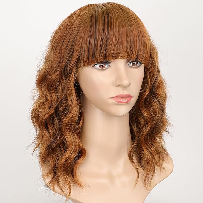 AISI HAIR Synthetic Wavy Curly Bob Wig with Bangs Cooper Blonde Short Wavy Hair for Women Synthetic Heat Resistant Bob Wigs