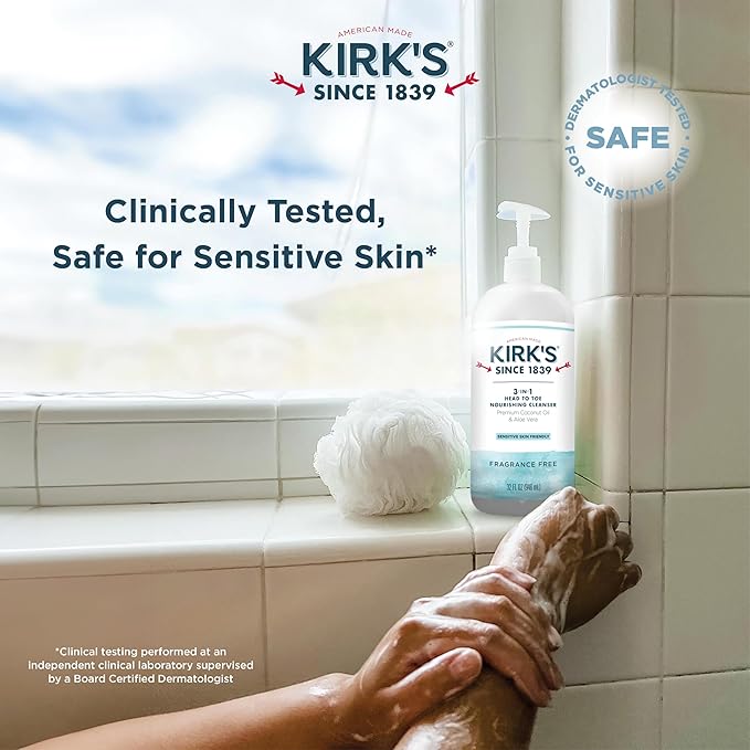 Kirk's 3-in-1 Head to Toe Nourishing Liquid Cleanser & Travel Size Bar Soap - for Men, Women & Children - Premium Coconut Oil and Aloe Vera- Non GMO & Vegan -Fragrance Free - 32 Fl Oz. 2 pack