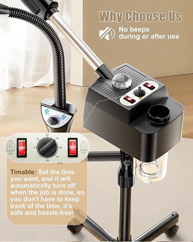 Facial Steamer Professional with 5X Magnifying Lamp, Facial Steamer on Wheels for Spa, Steamer for Face with Time Setting, Face Steamer for Facial Deep Cleaning for Esthetician(53inch)