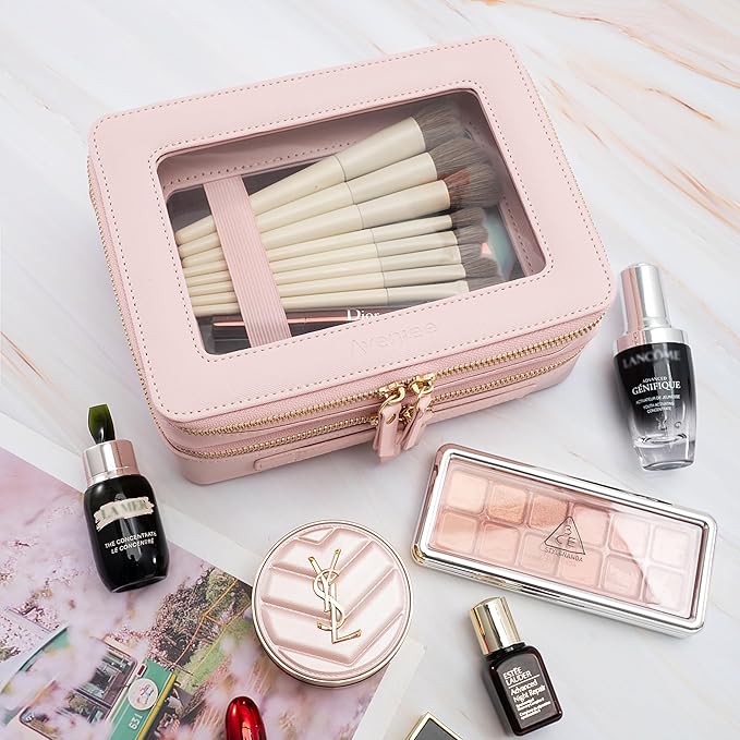 Aveniee Large Clear Makeup Bags, Double Layer Cosmetic Bags with Separate Brush Compartment, Travel Toiletry Bag Cosmetic Train Case, Travel Accessories Organizer for Women(2 Layers, Pink)