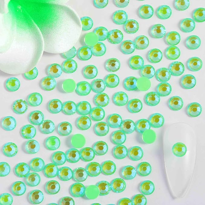 Beadsland 1440pcs Flat Back Crystal Rhinestones Round Gems for Nail Art and Craft Glue Fix, Luminous Green, SS6, 1.9-2.1mm