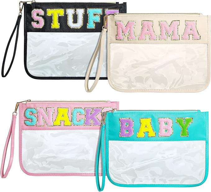 Buryeah 4 Pcs Chenille Letter Pouch Flat Nylon Clear Snack Bags Flat Multipurpose Zipper Makeup Bag for Travel Toiletry Bag Water-proof Cosmetic Pouch for Women(Simple Style)