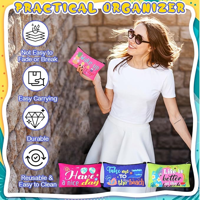 24 Pieces Makeup Bags Bulk Canvas Cosmetic Bags Purse Organizer Zipper Cosmetic Pouch Portable Travel Toiletry Pouch for Women Men Gifts, 7 x 4 Inch (Beach)