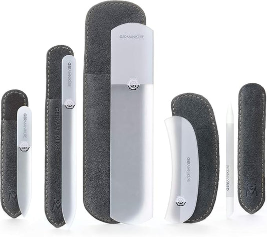 GERMANIKURE 5 Pc Gray Glass Nail File Set with Suede Sleeves – Handmade in Czech Republic – Glass Cuticle Stick, Pusher, Callous Remover, Pedicure Bar – Professional Manicure & Pedicure Files