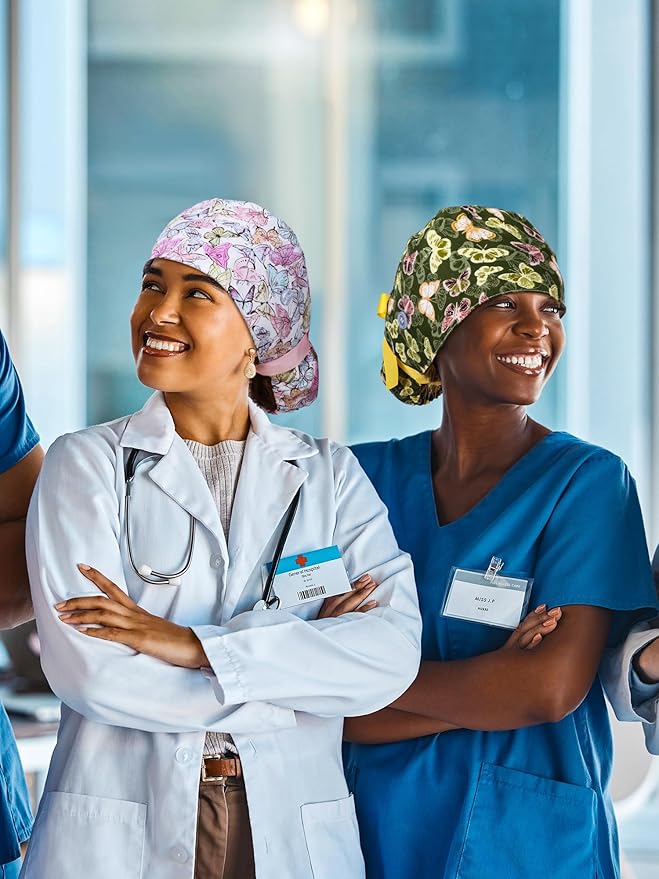 6 Pcs Satin Lined Scrub Caps Women Nurse Surgical Hat with Buttons Ponytail Working Adjustable Pouch Tie Back