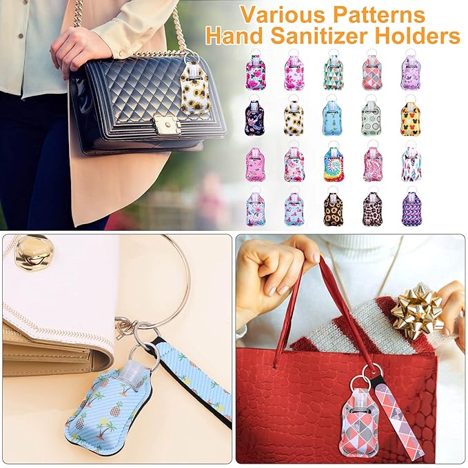 Empty Hand Sanitizer Holders Set 60pcs, Include 20 Portable Refillable Travel Bottle Container with Flip Cap, 20 Reusable Bottle Holders, 20 Wristlet Keychain