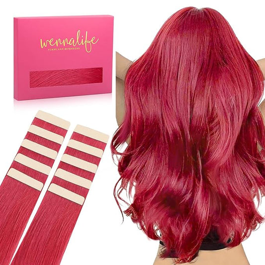 WENNALIFE Tape In Hair Extensions Human Hair Red 10pcs 20g 10 inch Remy Invisible Tape Ins Straight Colored Soft Real Human Hair Tape In Extensions Refill Set Extensions