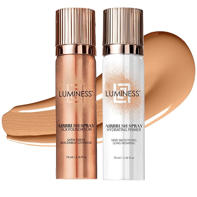 LUMINESS Silk Airbrush Spray Foundation & Primer Kit - Full Coverage Foundation, Anti-Aging Formula Hydrates & Moisturizes with Hyaluronic Acid, Aloe Vera & Hydrolyzed Silk (Shade - Light Warm)