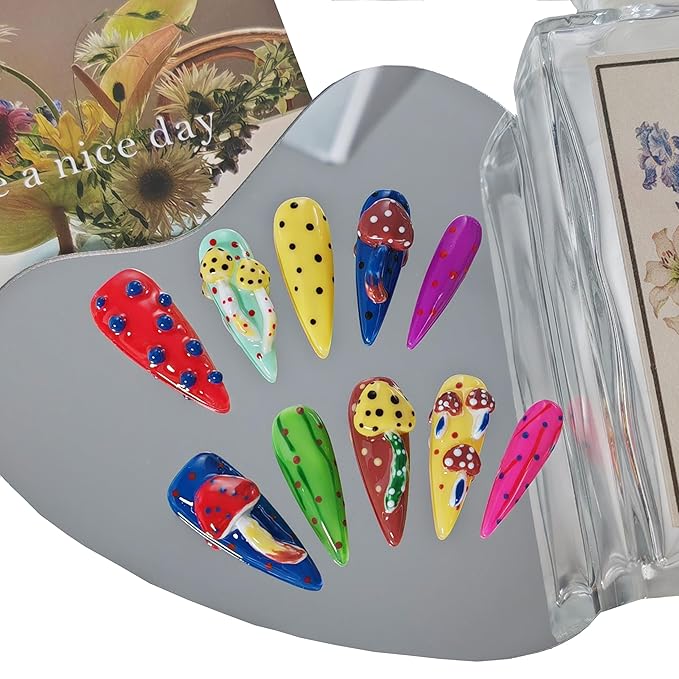 Almond Press on Nails Handmade Medium Long/Stiletto 3D Flower Fake Nail with Designs, Women Reusable False Nails (Stiletto Colorful, M)