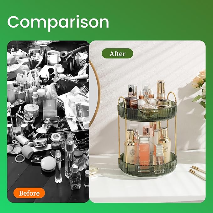 Rotating Makeup Organizer for Vanity, Perfume Skincare Lipstick Organizers for Bathroom Countertop, Clear Make up Storage for Dresser, Bathroom Cosmetics Organizer Storage 360 Spinning(2 Tier, Green)